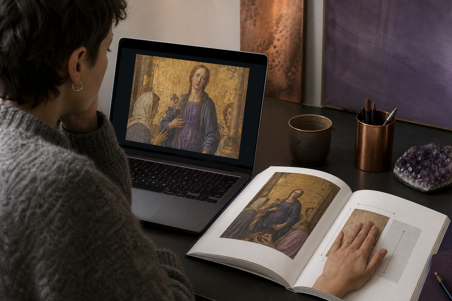 Eine Person vergleicht eine digitale Kunstansicht mit Katalogmaßen und einer Hand als Größenreferenz
